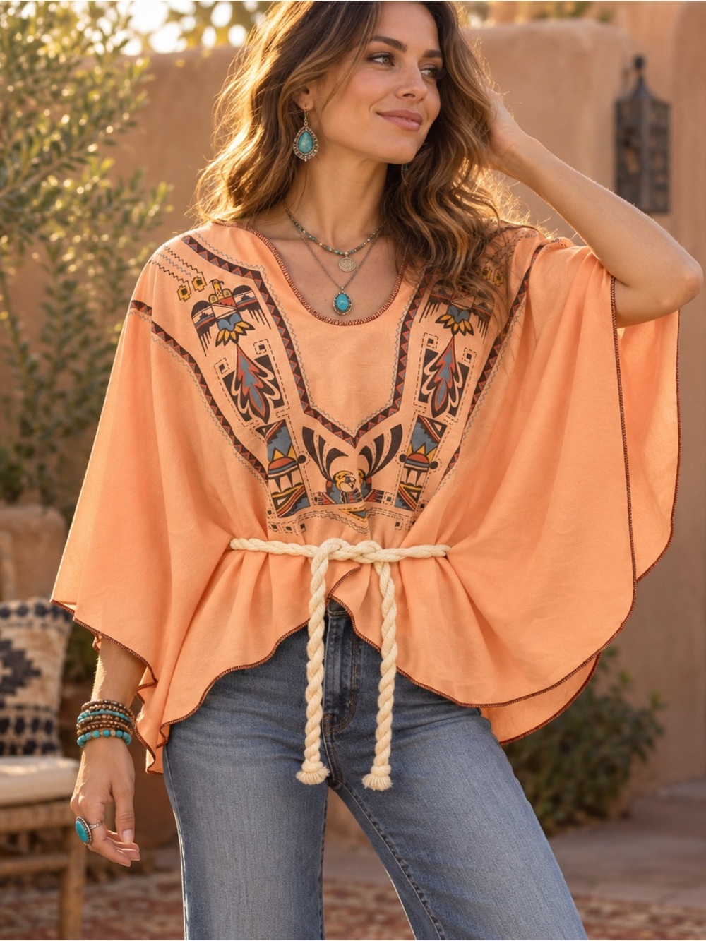 True 1970’s Boho Embroidered Poncho Top w/Rope Belt